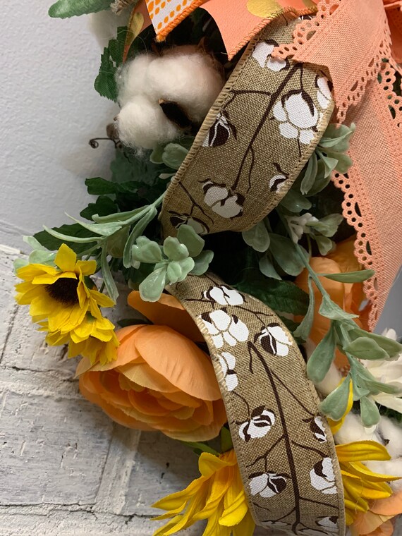 Orange Ranunculus and an XL handmade Bow Yellow Sunflowers White Daisies Peach Grapevine Wreath wFaux Cotton