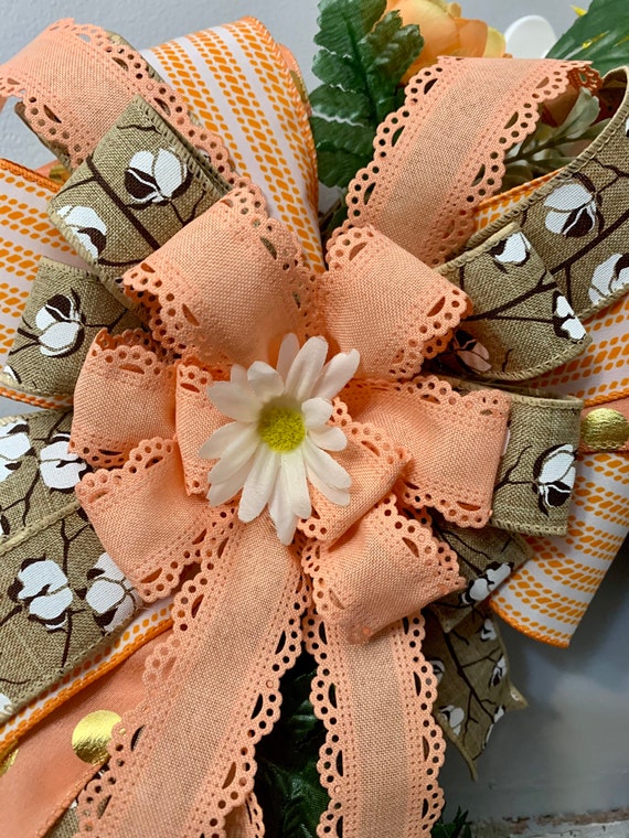 Orange Ranunculus and an XL handmade Bow Yellow Sunflowers White Daisies Peach Grapevine Wreath wFaux Cotton