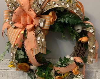 Orange Ranunculus and an XL handmade Bow Yellow Sunflowers White Daisies Peach Grapevine Wreath wFaux Cotton