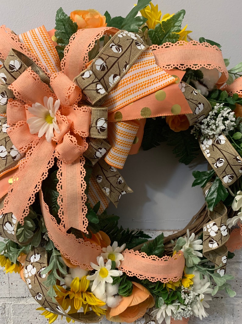 Orange Ranunculus and an XL handmade Bow Yellow Sunflowers White Daisies Peach Grapevine Wreath wFaux Cotton