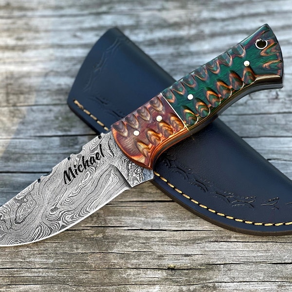 Custom Damascus Steel Fixed Blade Knife - 8'' Wood Handle Full Tang Knife for Men - Birthday Gift for Him - Anniversary Gifts for Husband