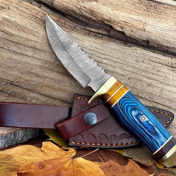 Damascus Steel Fixed Blade Knife 8'', Handmade Unique Gift Knife for Men, Gift for Husband, Anniversary Gift, Fathers Gift Knife