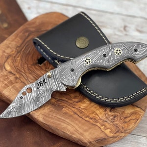 Damascus Folding Knife - Handmade Pocket Knife - 7.5&#39;&#39; Custom Gift Knife for Men - Gift for Husband - Anniversary gifts for him