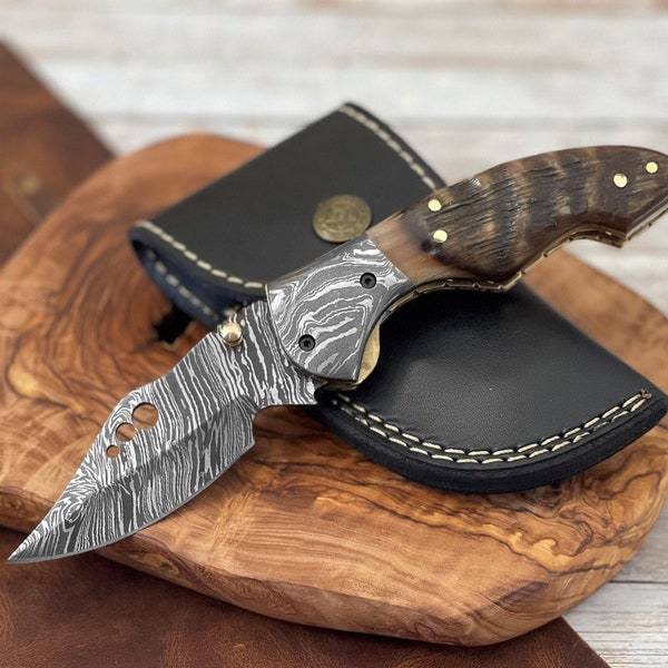 Ram Horn Handle Damascus Steel Pocket Knife , Engraved Fathers Day Gift, Handmade Damascus Steel Folding Knife, 7.5'' Custom Knife