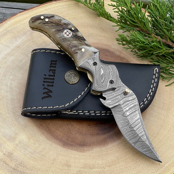 Personalized Damascus Steel Pocket Knife Ram Horn Handle - Custom Damascus Folding Knife 7,5'' - Unique Gift Knife for Dad Husband