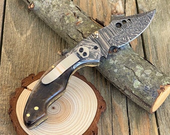 Ram Horn Handle Damascus Steel Folding Pocket Knife with Belt Clip 7'' Custom Gift Knife for Men Gift for Husband Birthday Gift