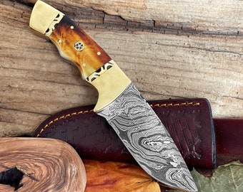 Personalized Damascus Steel Knife , 9 Handmade Fixed Blade Knife