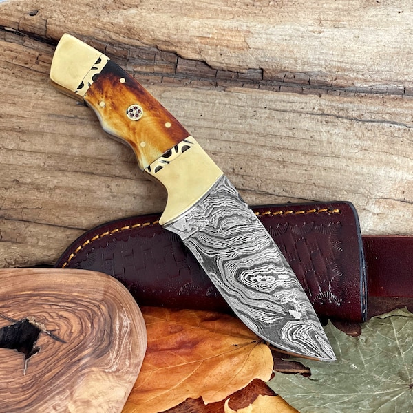 Personalized Damascus Steel Knife , 9" Handmade Fixed Blade Knife With Custom Burnt Camel Bone Handle, Gift for Husband, Anniversary Gift