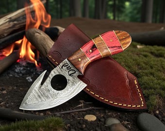 Personalized Damascus Steel Gut Hook Skinning Knife Pakkawood & Rosewood Handle Finger Hole Handmade Knife Gift for Him Birthday Gift