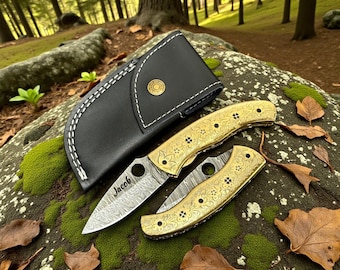 Handmade Damascus Folding Knife Brass Handle with Floral Engraving Premium Gift for Mens Dad Collectors Anniversary Gift Birthday Gift