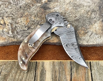 Ram Horn Handle Damascus Steel Pocket Knife with Belt Clip, Custom Engraved Gift Knife for Men, Personalized Gift for Dad, Gift for Husband