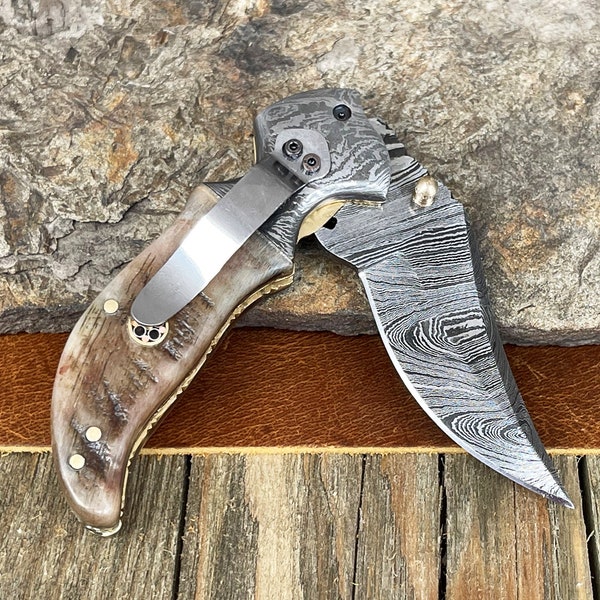 Ram Horn Handle Damascus Steel Pocket Knife with Belt Clip, Custom Engraved Gift Knife for Men, Personalized Gift for Dad, Gift for Husband
