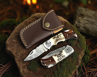 Handcrafted Damascus Pocket Knife Personalized Folding Knife with Deer Antler and Rosewood Handle Unique Knife Gift Father's Day Gift
