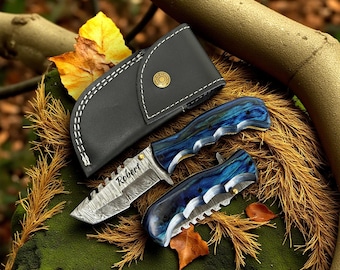Damascus Folding Knife Personalized Pocket Knife Blue Pakkawood Handle Unique Serrated Blade Camping Gift for Men Birthday Gift