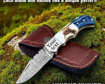 Personalized Damascus Pocket Knife for Men, Engraved Folding Gift Knife for Dad Husband with Stag Horn Handle EDCBirthday Gift