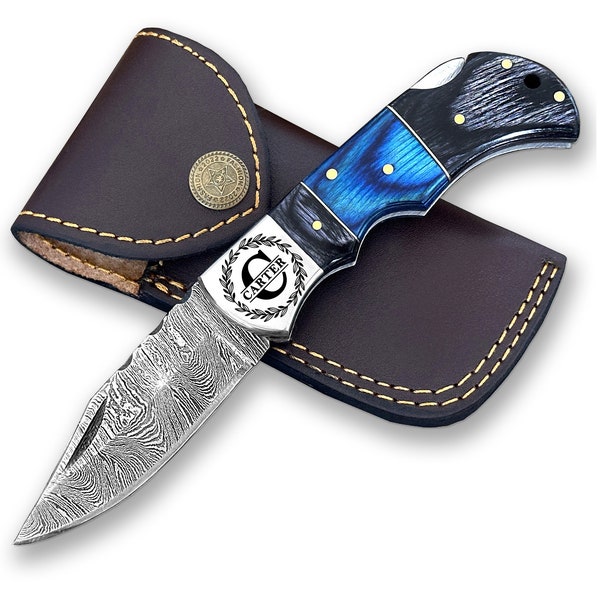Personalized Damascus Pocket Knife, Custom Engraved Folding Pocket Knife, Fathers Day Gift Pocket Knife, Anniversary Gifts, Gift for Husband