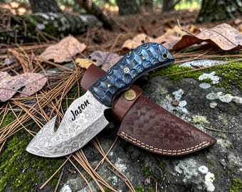 Damascus Gut Hook Knife Blue Carved Pakkawood Handle, Personalized Fixed Blade Outdoor Knife, Custom Engraved Hunting Gift Birthday Gift