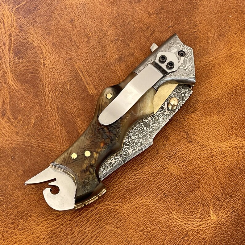 Ram Horn Handle Damascus Steel Pocket Folding Knife Belt Clip Etsy