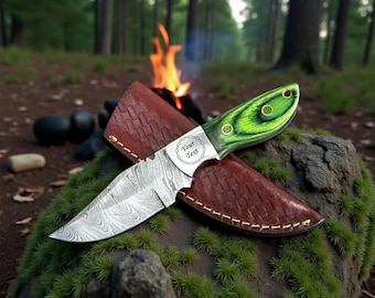 Personalized Handmade Full Tang Damascus Knife Green Pakkawood Handle Custom Monogram Engraving Unique Gift for Husband Birthday Gift