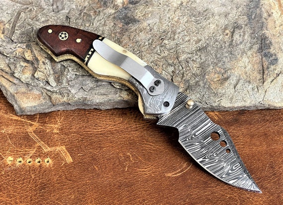 Personalized Damascus Steel Pocket Knife with Belt Clip Camel Bone Rose Wood Handle - 7.5" Custom Knife for Men - Unique Anniversary gift