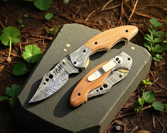 Damascus Folding Knife with Olive Wood Handle, Personalized Pocket Knife, Pocket Clip, Handmade EDC Gift for Him Birthday Gift