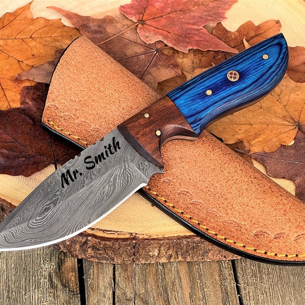 Personalized Damascus Steel Fixed Blade Knife - 8'' Full Tang Handmade Hunting Knife - Engraved Gift for Dad- Anniversary Gifts