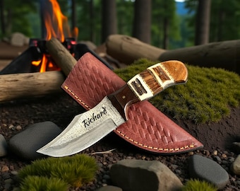Handmade Damascus Hunting Knife Rosewood Deer Antler Handle with Brass Spacers Personalized Gift for Men Dad Collectors Birthday Gift