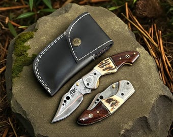 Handmade Damascus Folding Knife Stag Antler Rosewood Handle Custom Initials Laser Engraving Gift for Men Collectors Birthday Gift