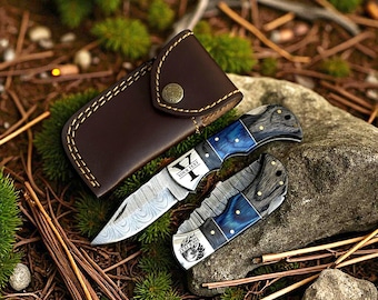 Handcrafted Damascus Folding Pocket Knife Blue and Black Pakkawood Handle Leather Sheath Camping Outdoor Groomsmen Gift Birthday Gift