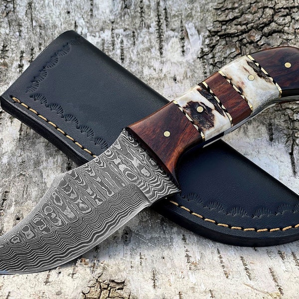 Damascus Steel Stag Horn Handle Knife - 8" Custom Full Tang Knife - Fathers Day Gift - Gift for Husband - Anniversary Gift - Gift for Dad