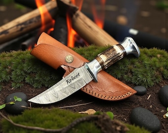 Personalized Damascus Steel Hunting Knife with Deer Antler Handle & Leather Sheath Gift for MensBirthday Gift