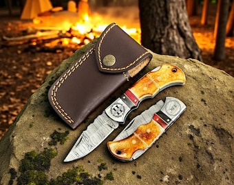 Personalized Handmade Damascus Folding Knife Camel Bone Handle Detailed Spine Leather Sheath Gift for Men Camping KnifeBirthday Gift