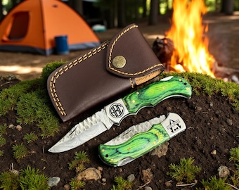 Handcrafted Damascus Folding Pocket Knife Green Pakkawood Handle Carved Blade Personalized Gift Anniversary Groomsmen Birthday Gift