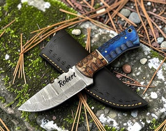 Personalized Damascus Fixed Blade Knife, Handmade Hunting Knife, Carved Pakkawood Handle, Camping Knife, Leather Sheath, Birthday Gift