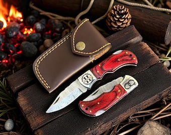 Folding Handcrafted Damascus Pocket Knife Red Pakkawood Handle Groomsmen Gift for Dad Camping Hunting EDC Birthday GiftBirthday Gift