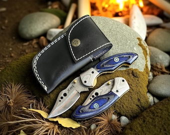 Handmade Damascus Pocket Knife Pakkawood Handle Custom Engraved Pocket Knife Personalized Gift for Men Birthday Camping Birthday Gift
