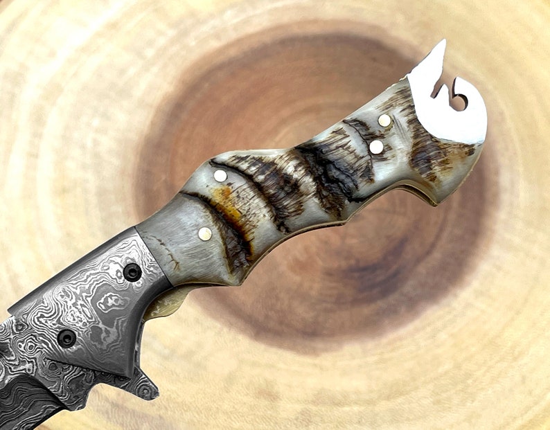 Ram Horn Handle Damascus Steel Pocket Folding Knife Belt Clip Etsy