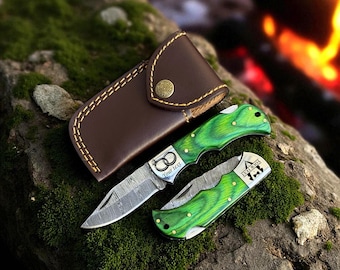 Handmade Damascus Folding Pocket Knife Green Pakkawood Handle Personalized Gift for Anniversary Wedding BirthdayBirthday Gift