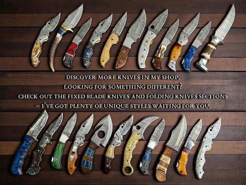May include: An assortment of knives with various handle designs and blade styles, arranged on a wooden surface. The blades have unique patterns. Text on the image reads: Discover more knives in my shop. Check out the fixed blade knives and folding knives sections.