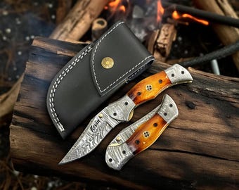 Handmade Damascus Folding Knife Camel Burnt Bone Handle Gift for Dad Hunting Camping Outdoor Collectors Gift for Him Birthday Gift