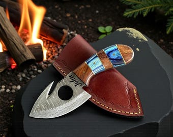 Handcrafted Personalized Damascus Steel Gut Hook Knife Pakkawood, Rosewood Handle Unique Blade with Finger Hole Birthday Gift