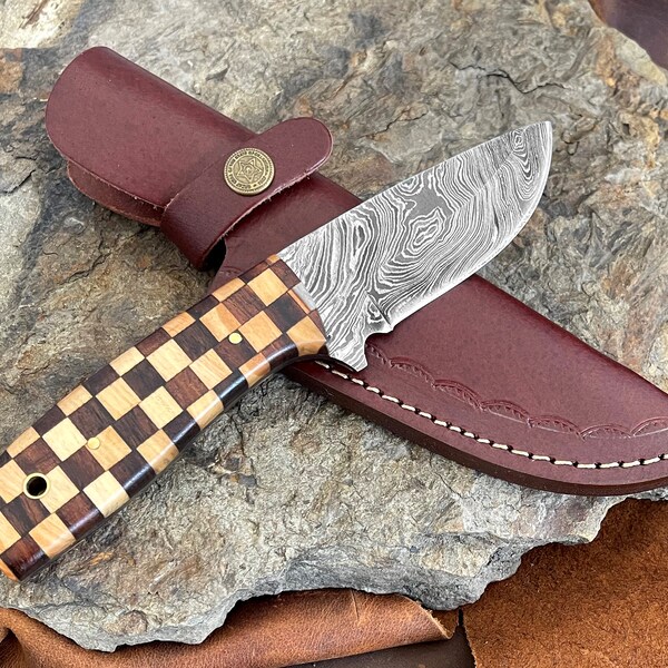 Handmade Damascus Steel Pocket Knife with Custom Wood Handle, 8" Fixed Blade Pocket Knife, Gift for Husband, Anniversary Gift, Gift For Dad