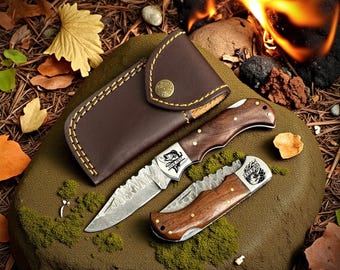 Handmade Damascus Pocket Folding Knife Rosewood Handle Carved Blade Leather Sheath Gift for Dad Camping Hunting EDC Birthday Gift
