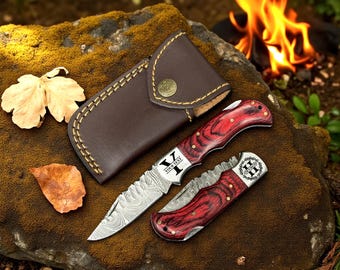 Personalized Damascus Folding Pocket Knife Red Pakkawood Handle Carved Blade Engraved Custom Initials Monogrammed Knife Birthday Gift