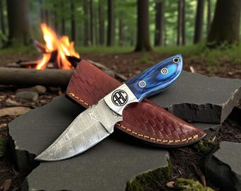 Custom Damascus Hunting Knife Blue Pakkawood Handle Personalized Monogram Engraving Perfect Gift for Groomsmen or Him Birthday Gift