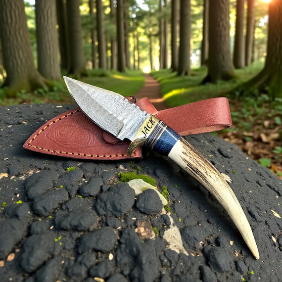 Personalized Handmade Damascus Knife with Real Deer Antler Handle Engraved Gift Knife for Men Birthday Collector Hunting Birthday Gift