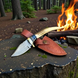 May include: A Damascus steel knife with a curved antler handle and a brown leather sheath. The knife is resting on a dark, textured surface, with a campfire in the background. The blade has a unique pattern.