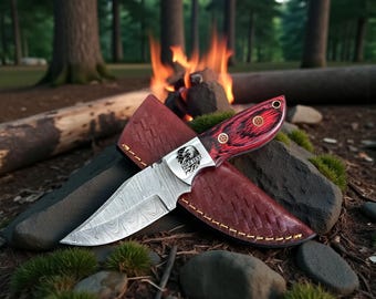 Personalized Damascus Knife with Red Pakkawood Handle Custom Engraved Bolster Wedding Gift for Groomsmen or Best Man Birthday Gift