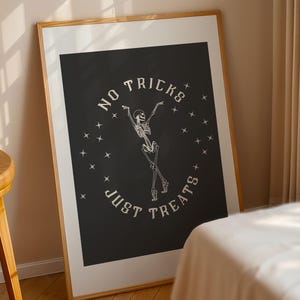 Stampa poster &quot;No Tricks Just Treats&quot; / Stampa da parete / Decorazione di Halloween / Arte autunnale / Stampa opaca scheletro
