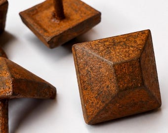 Hand Forged Iron Clavos | Flat Head Pyramid Clavos | Decorative Hardware | 1” Nail | Rust Finish | Set of 6